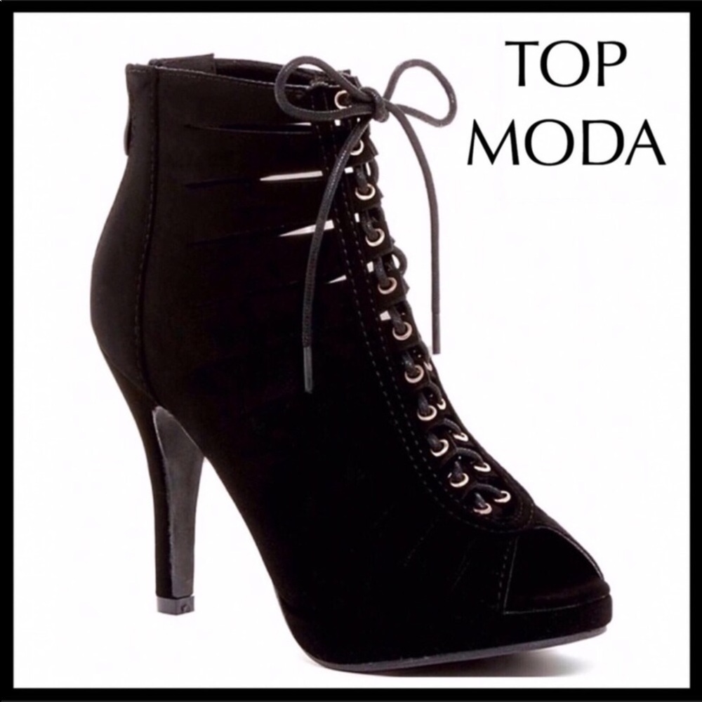 BLACK ANKLE BOOTIES LACE UP PEEP TOE HEELS A3C - Picture 8 of 8